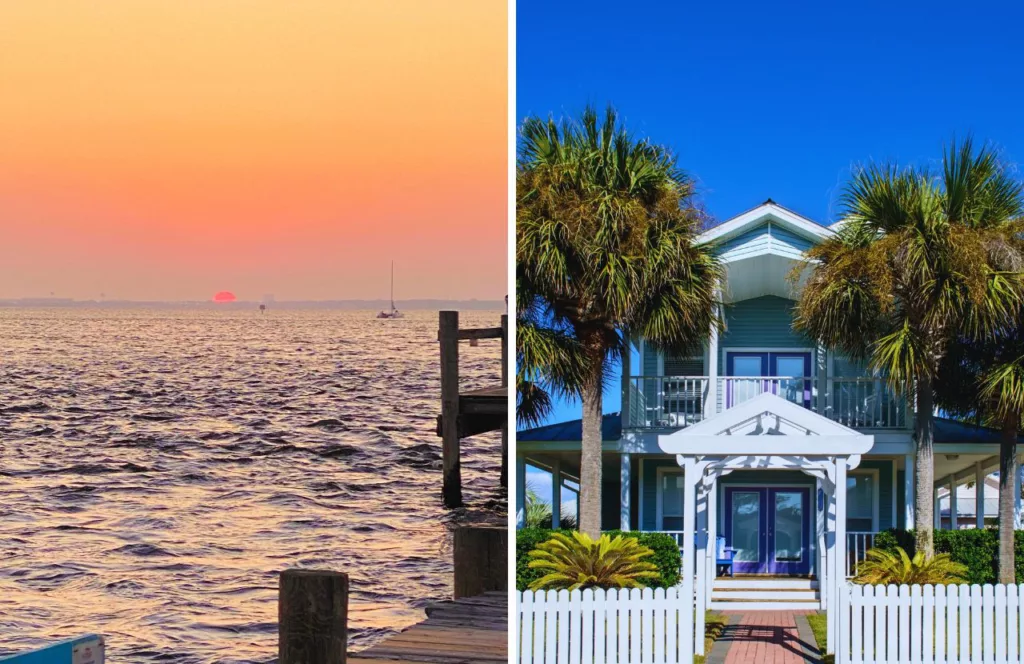 Florida Blue Mountain Beach at sunrise with beautiful blue home on the right. Keep reading to learn more about fun things to do for Memorial Day Weekend in Florida. 